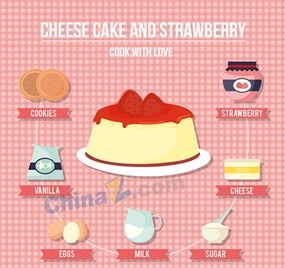 草莓奶酪蛋糕及原料矢量图